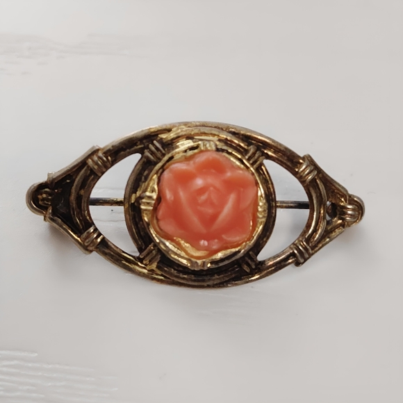 Vintage 1930's Sterling Silver Gold Vermeil Celluloid Coral Rose Brooch Pin - Picture 8 of 8